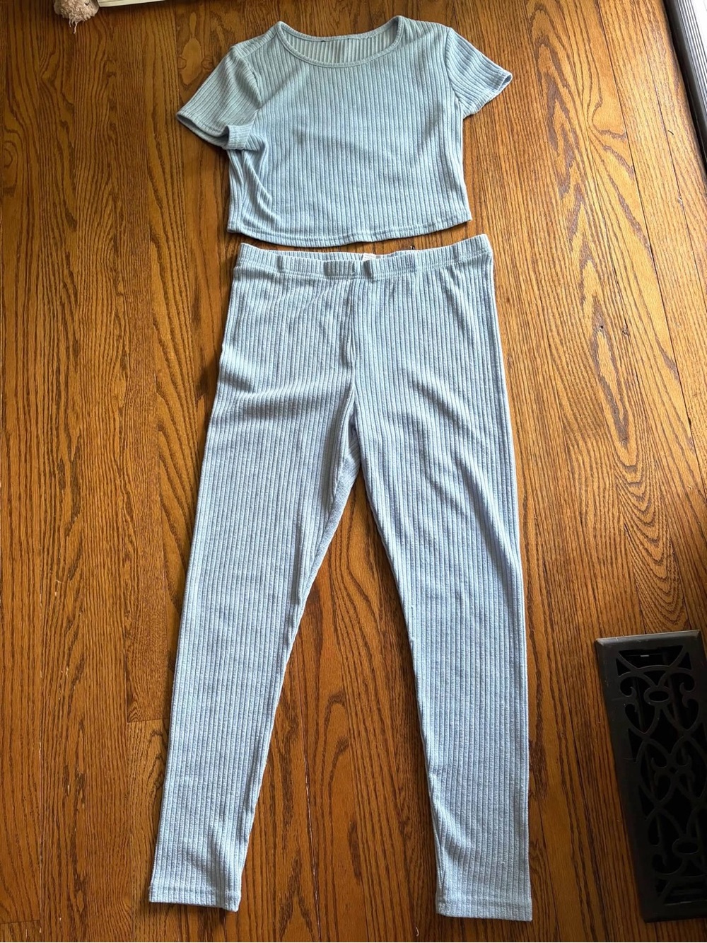 Ribbed Crop Top & High-Waist Leggings Set - Light Blue